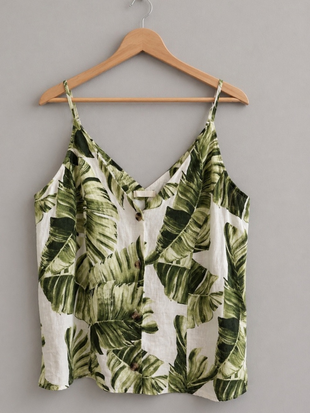 H&M 100% Linen Tropical Leaf Print Cami Tank  Adjustable Straps Button Front L